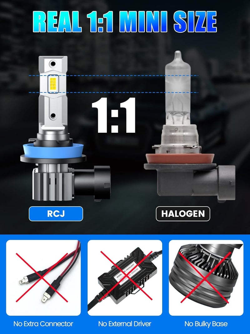 RCJ H11 Bulbs, H8 H9 Fog Light Bulbs 16000LM Super Bright 6000K Cool White, Real 1:1 Design, Plug and Play, Canbus Ready, Pack of 2 - Image 4